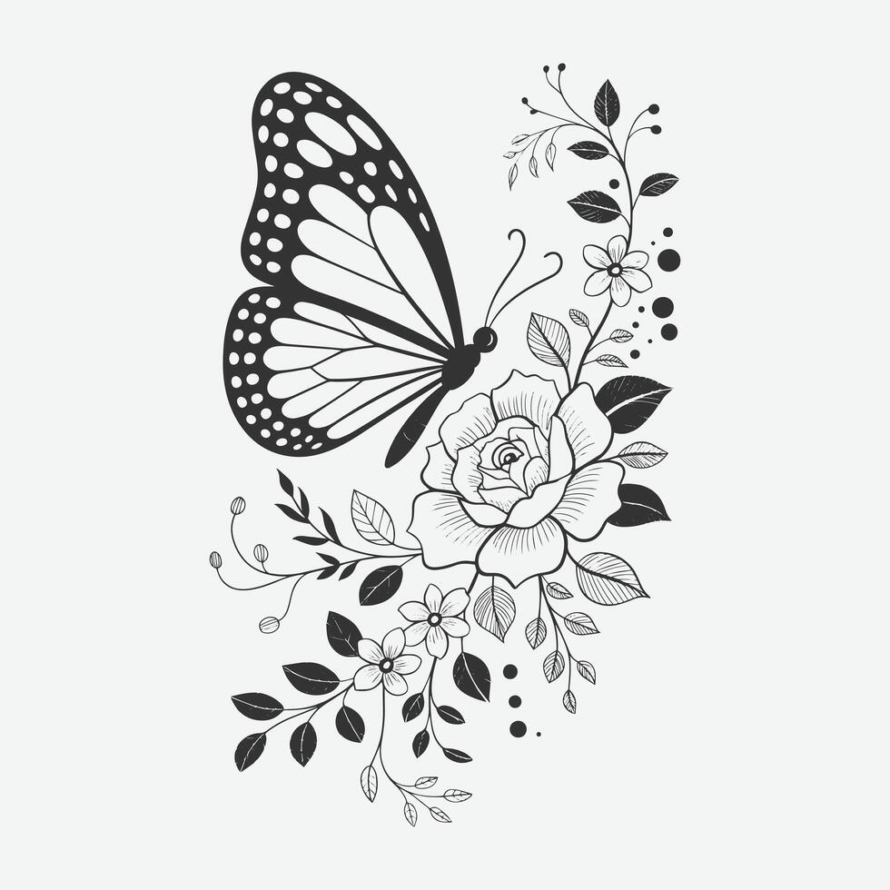 Butterfly and Rose Illustration, Elegant Floral Design with Leaves and Detailed Line Art vector