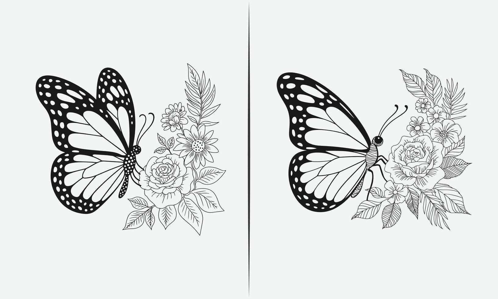 Butterfly and Floral Design, Hand-Drawn Butterfly with Roses and Leaves in Black and White vector