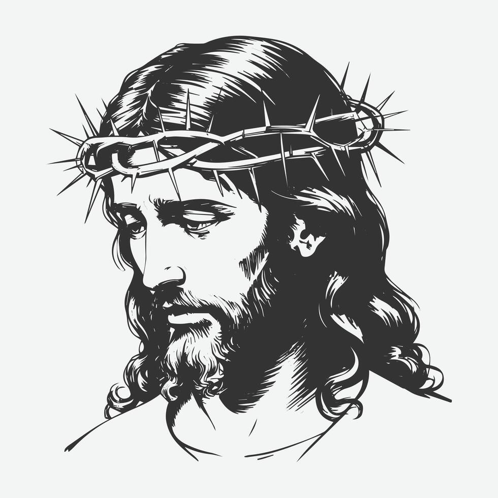 Jesus Christ with Crown of Thorns - Black and White Religious Illustration of Jesus for Christian Art and Spiritual Graphics vector