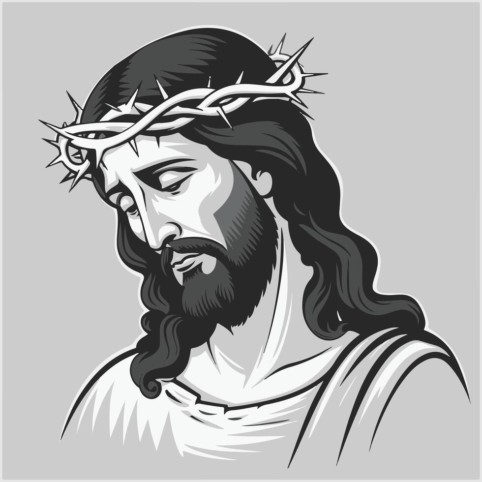 Detailed Black and White Illustration of Jesus Christ with Crown of Thorns Depicting the Passion and Suffering vector