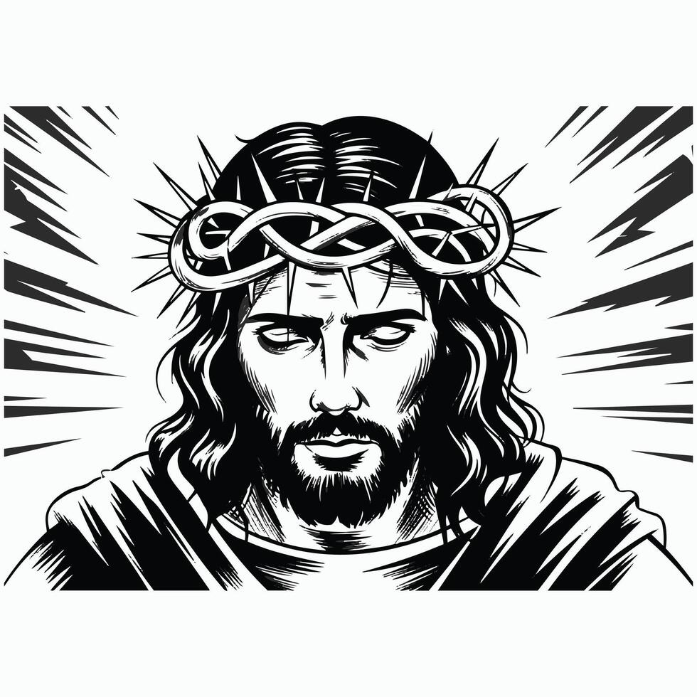 Jesus Christ with Crown of Thorns in Black and White, Powerful Religious Artwork vector