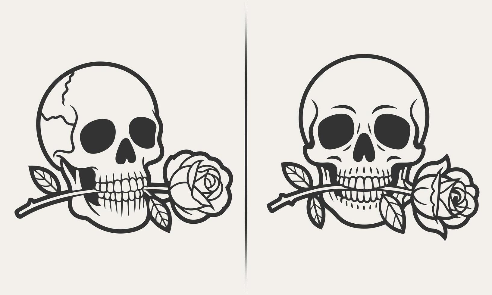 Black and White Skull with Rose in Mouth Illustration for Tattoo and Artistic Design vector