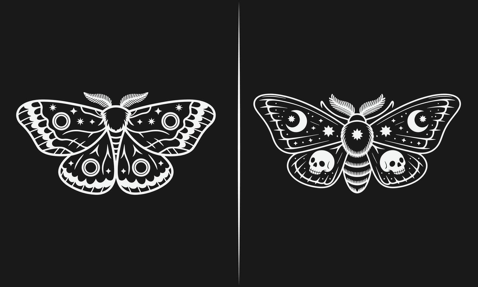 Black and White Moth Illustration with Skulls, Crescent Moons, and Stars for Tattoo and Artistic Designs vector