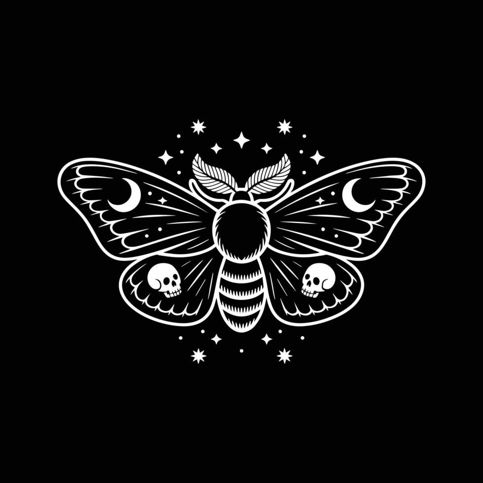 Black and White Moth Illustration with Skulls, Crescent Moons, and Stars for Tattoo and Artistic Design vector