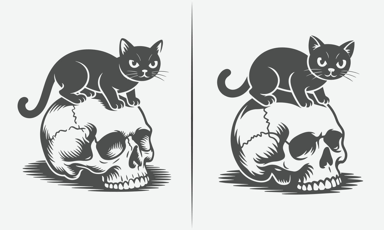 Black and White Skull with Cat and Roses Illustration for Tattoo and cat vector