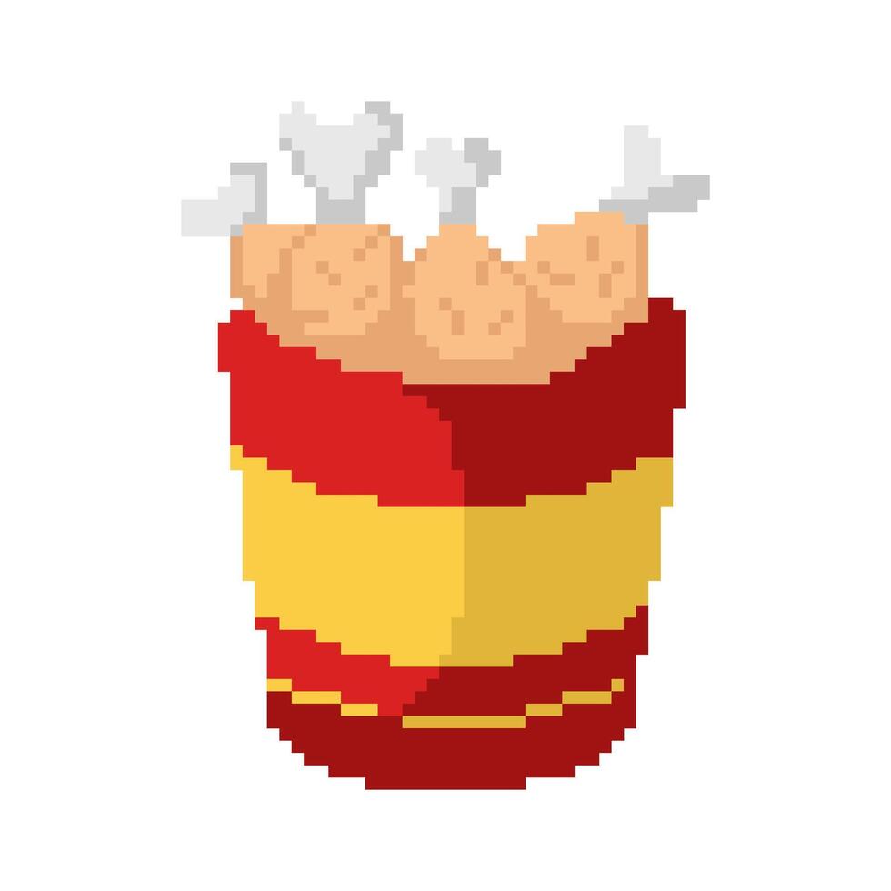 flat design pixel art bucket of fried chicken illustration vector