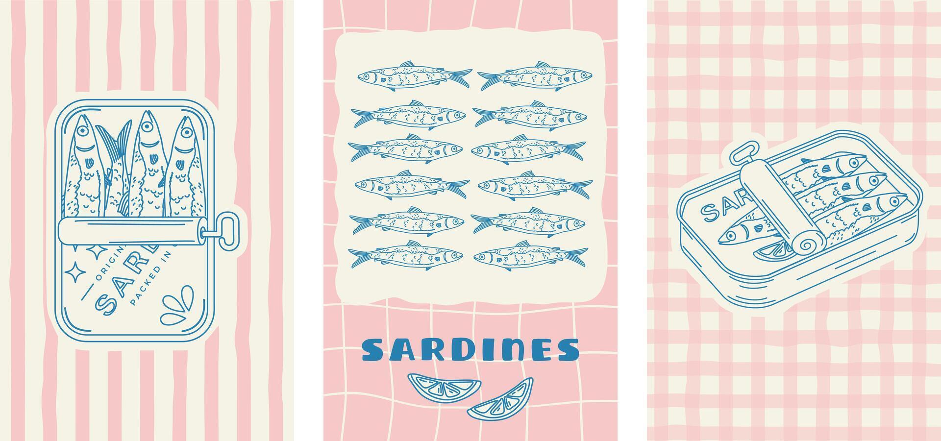 Italian sketch. Retro-style illustration featuring sardines. International illustration depicting Mediterranean sardines in a metal tin and on a plate with a lemon vector