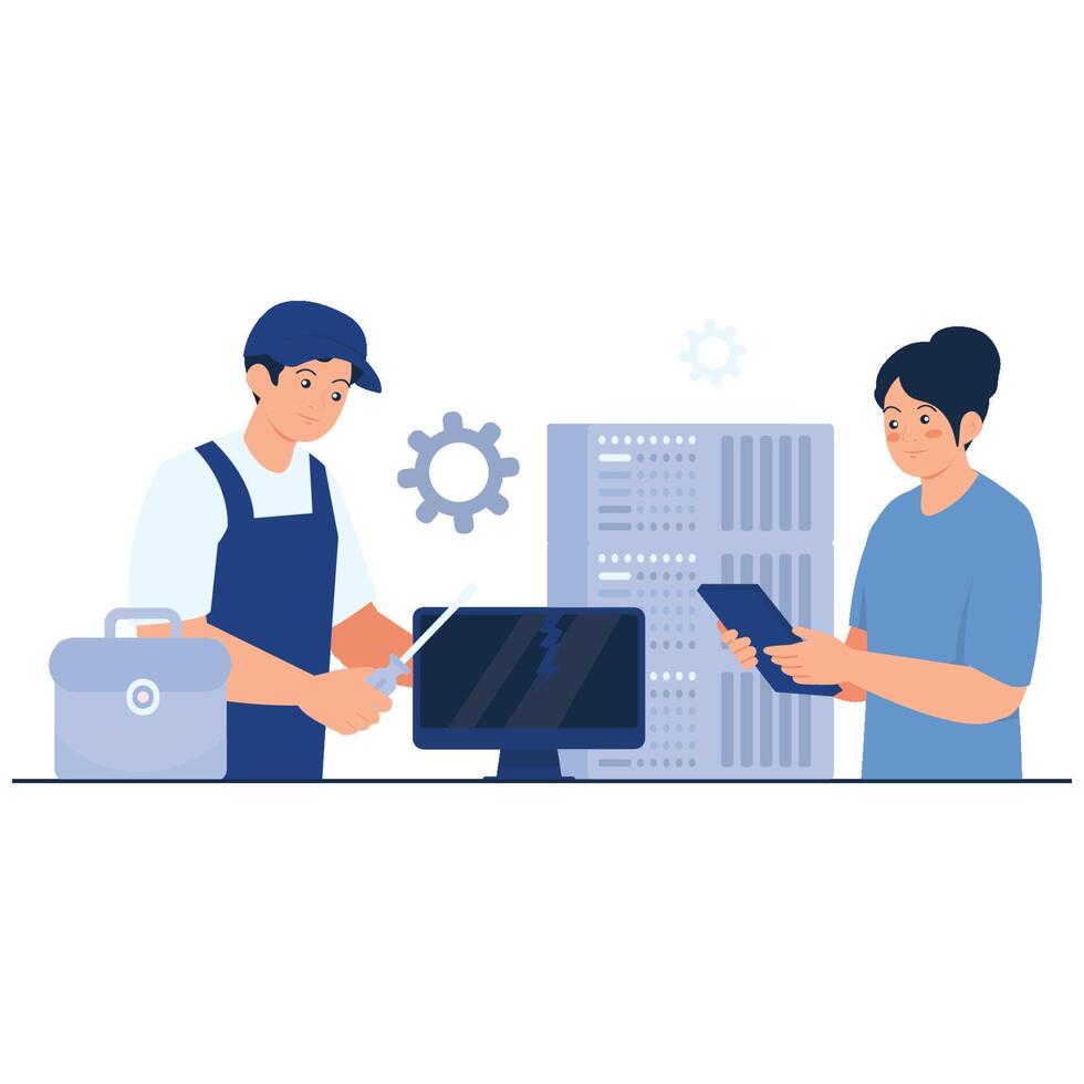 Technicians repairing a computer vector