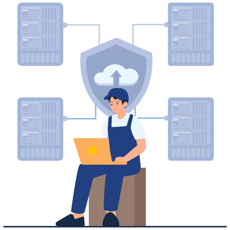 Technician using laptop for cloud services vector