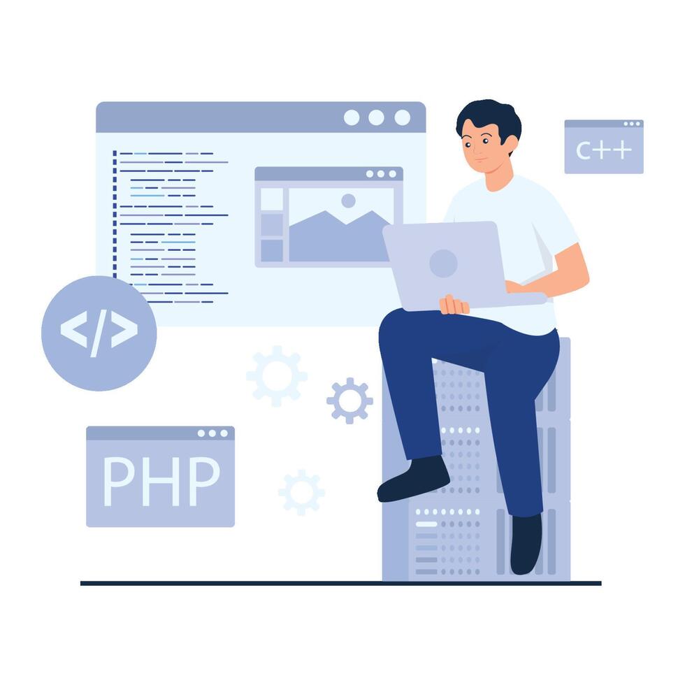 Web developer coding on laptop vector