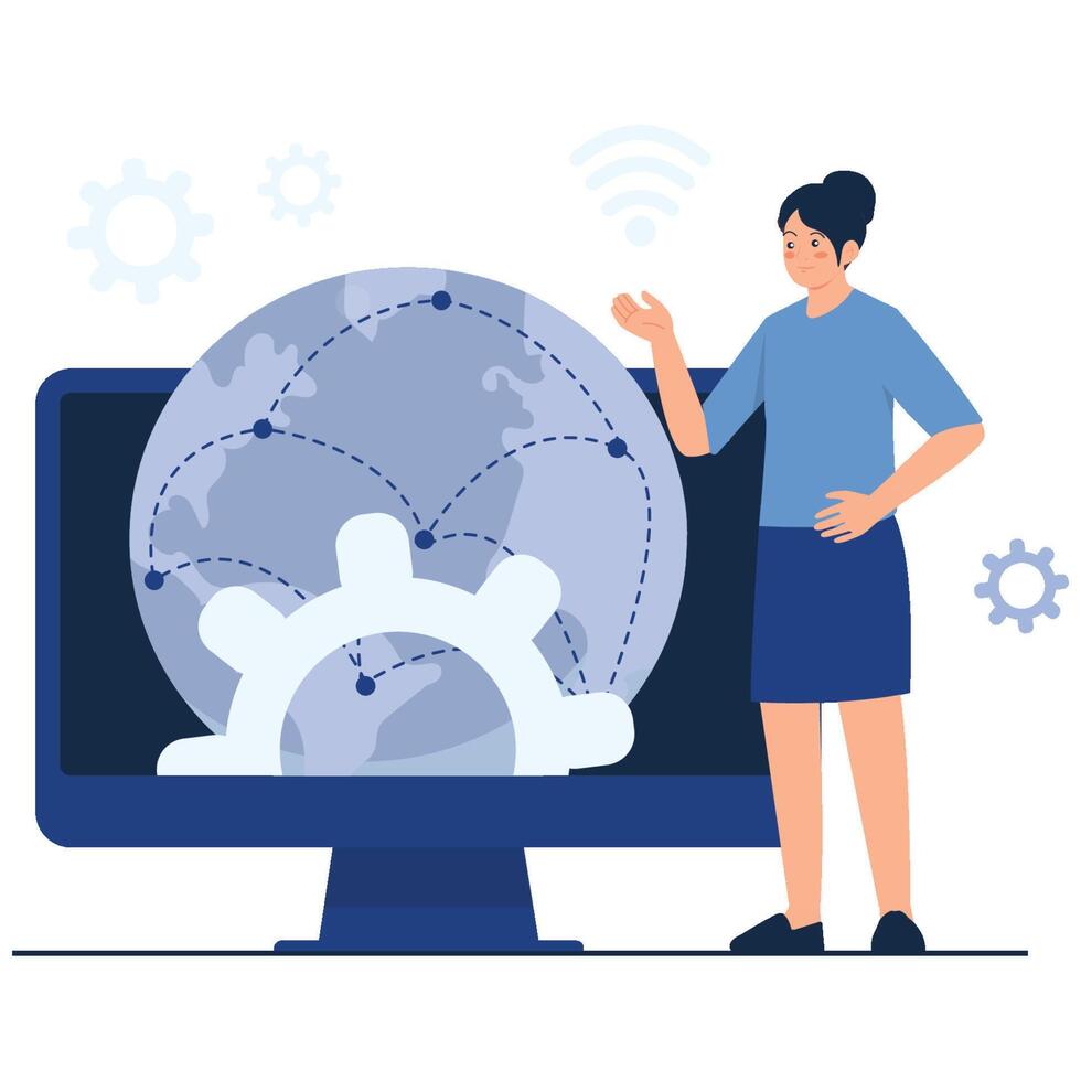 Woman with a computer and globe illustration vector