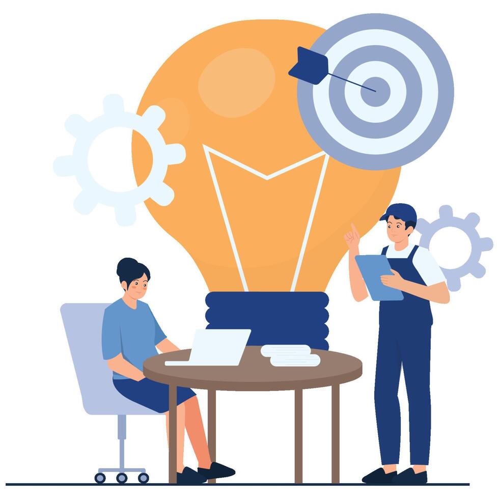 Team brainstorming around light bulb concept vector