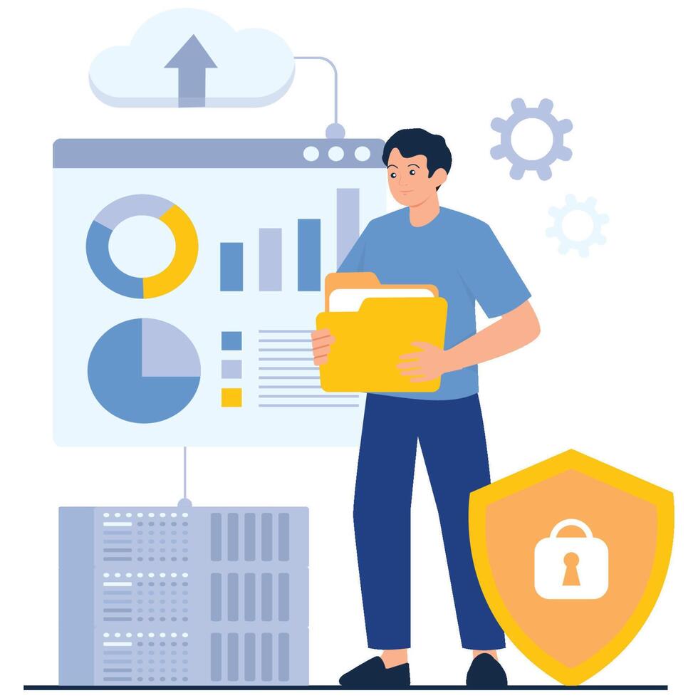 Man holding files next to data charts vector