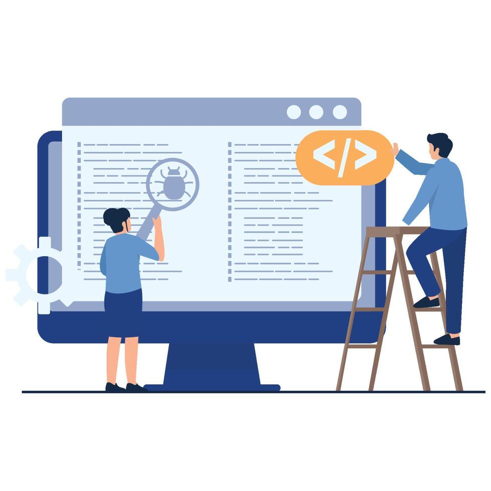 Programmers debugging software on a computer vector