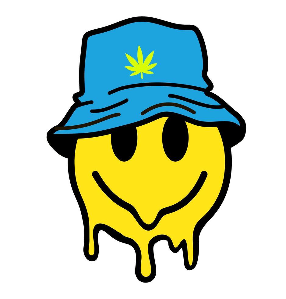 Groovy melted smile. Illustration for logo, t-shirt, sticker, or apparel merchandise. Melted smile face wearing Bob Bucket hat. cartoon style vector
