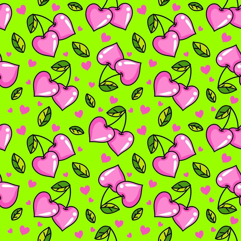 Pink cherry in heart shape seamless pattern. Icon design. Ornament with cherry hearts seamless pattern for Valentine's day. Cute pink hearts seamless pattern vector