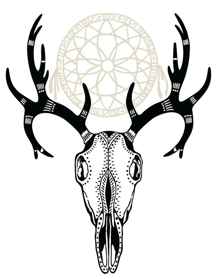 Sketch Illustration of a deer skull with boho pattern. Vintage hand-drawn graphic of deer. element for tattoo sketch, printing on T-shirts, postcards vector