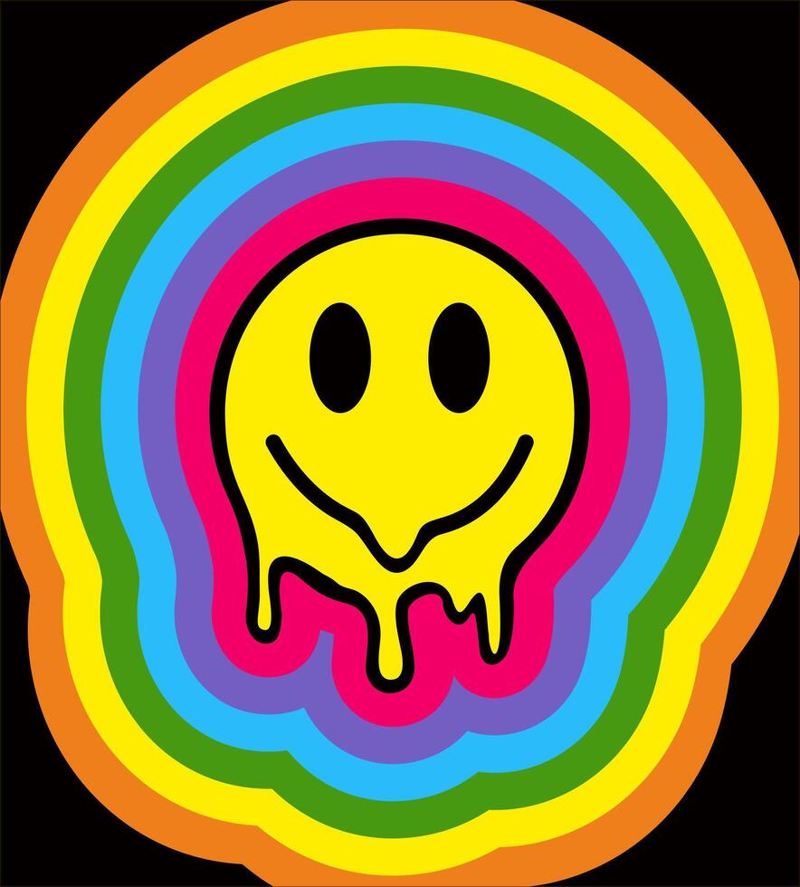 Funny tie dye psychedelic surreal melt smile face. 70s retro smile yellow groovy face. Acid, techno, trippy print. Acid rainbow smile illustration vector