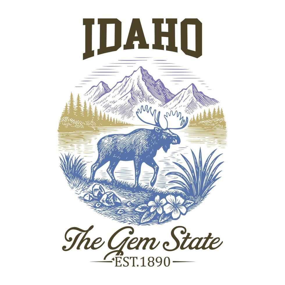 Idaho The Gem State - US States Cityscape T-shirt , american state cityscape icons design, Vintage State Cityscape Shirt illustration, States Sayings vector