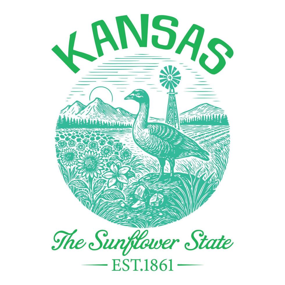 Kansas The Sunflower State - US States Cityscape T-shirt , american state cityscape icons design, Vintage State Cityscape Shirt illustration, States Sayings vector