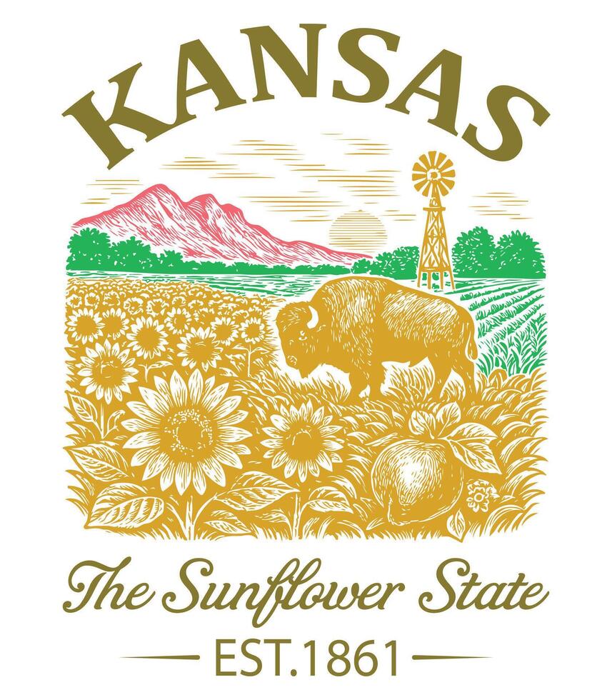 Kansas The Sunflower State - Kansas Us States T-shirt , American State Cityscape Illustration, Vintage Retro State Cityscape Shirt, States Landmark sayings, USA City Skyline Clipart vector