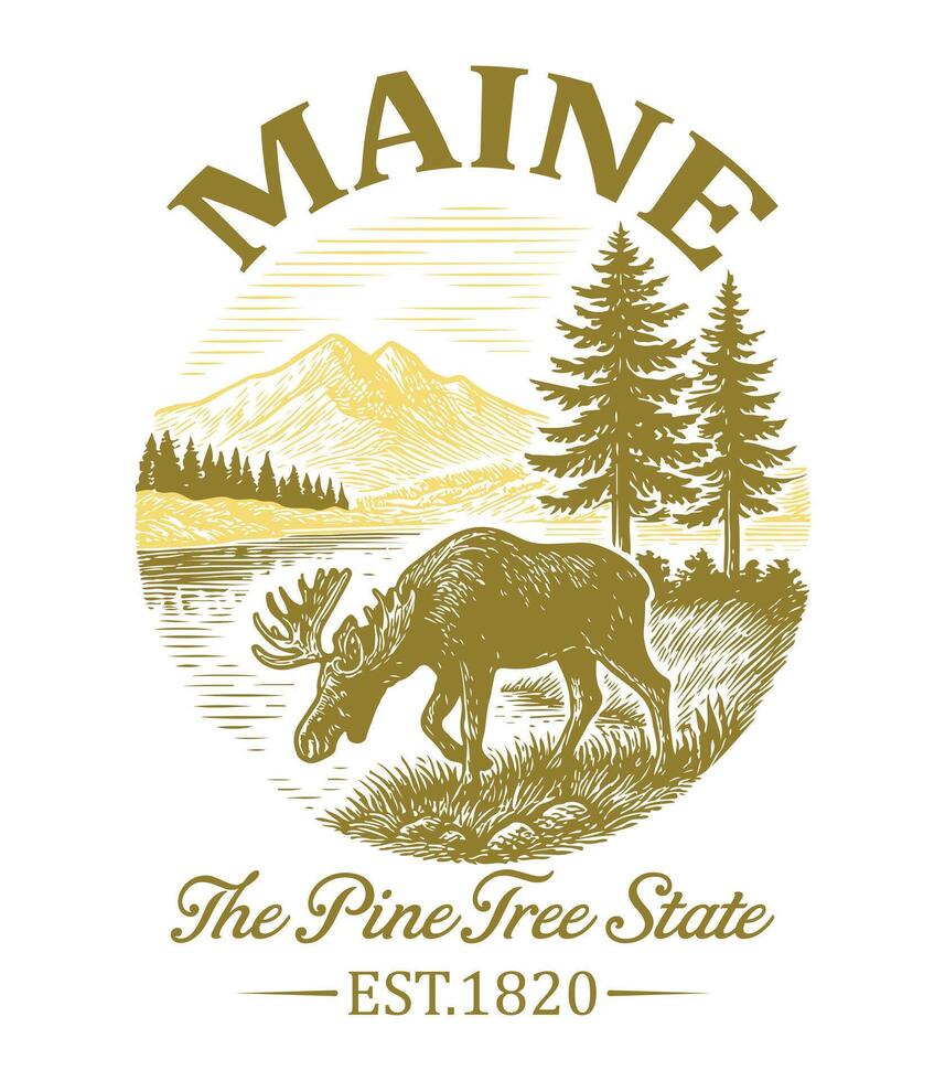 Maine The Pine Tree State - US States Cityscape T-shirt , american state cityscape icons design, Vintage State Cityscape Shirt illustration, States Sayings vector