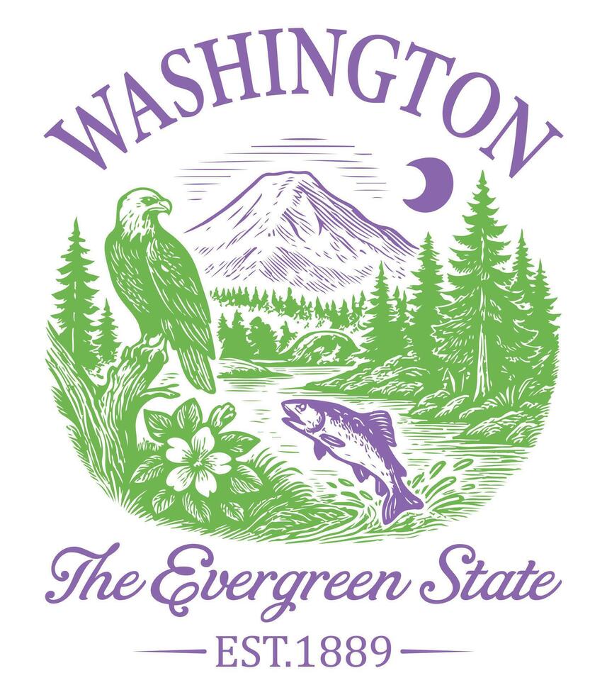 Washington The Evergreen State - US States Cityscape T-shirt , american state cityscape icons design, Vintage State Cityscape Shirt illustration, States Sayings vector