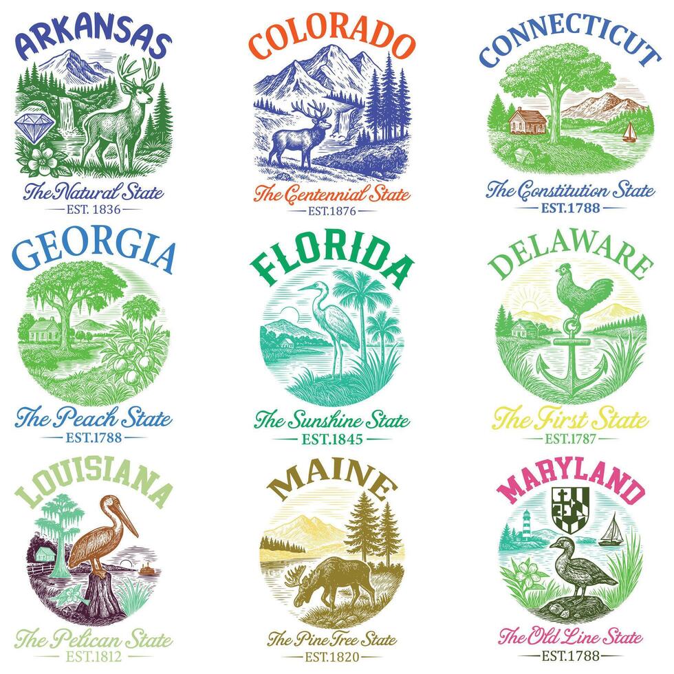 Set of US States Cityscape T-shirt , american state cityscape icons design, Vintage State Cityscape Shirt illustration vector