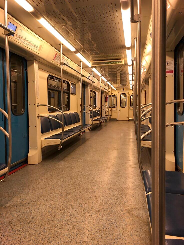 Moscow Russia 05.07.2020 Car train subway inside interior with simple perspective lines. photo
