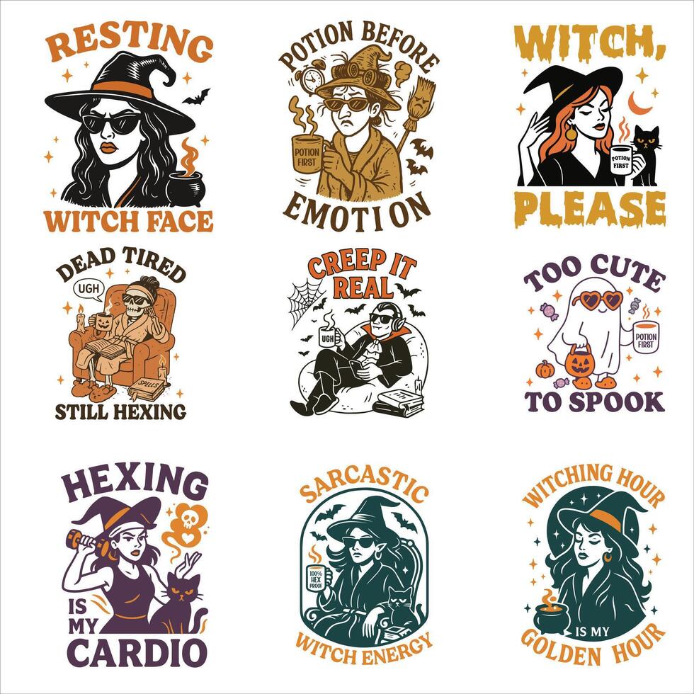 Halloween witch illustrations with catchy phrases vector