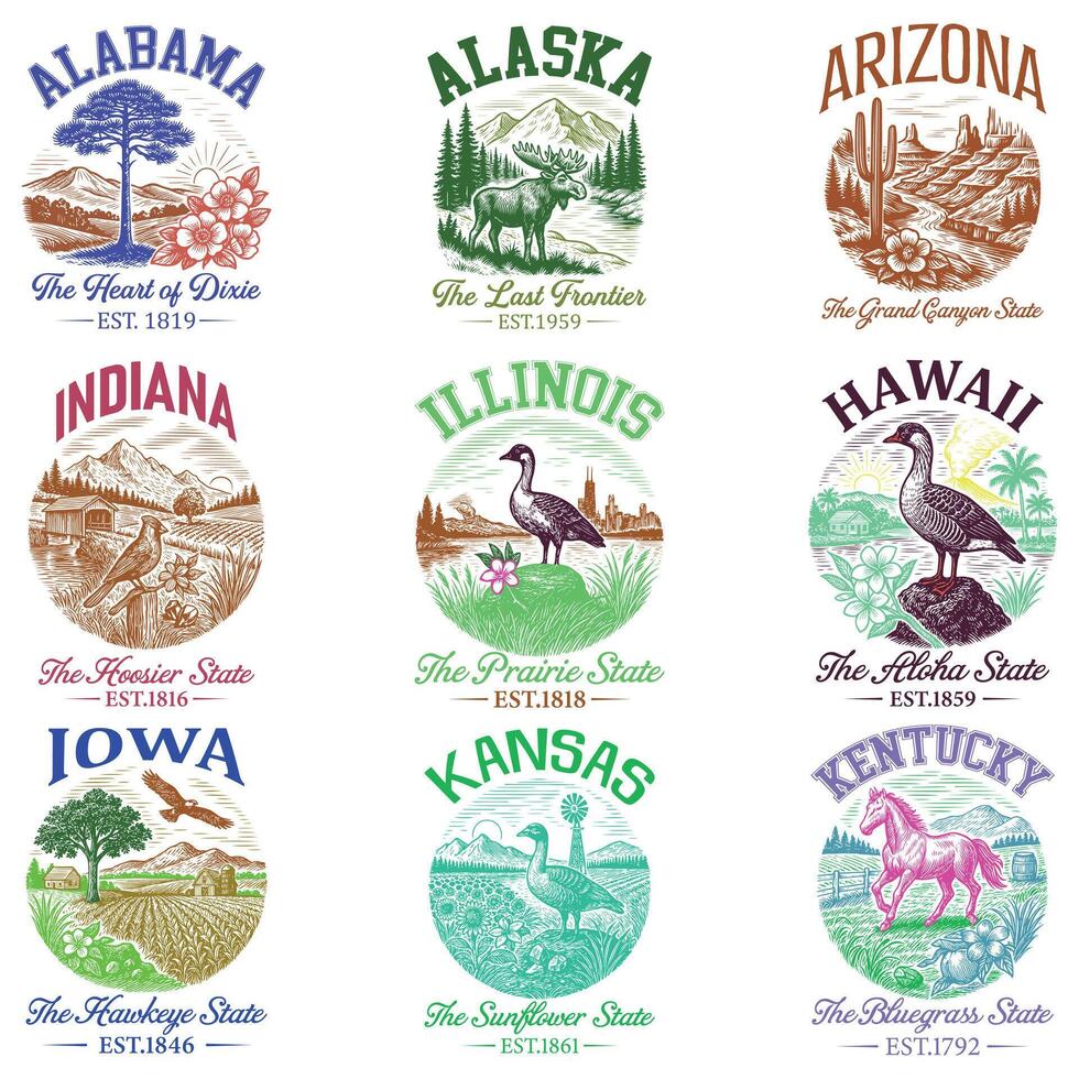 Illustrated state logos from various US states vector
