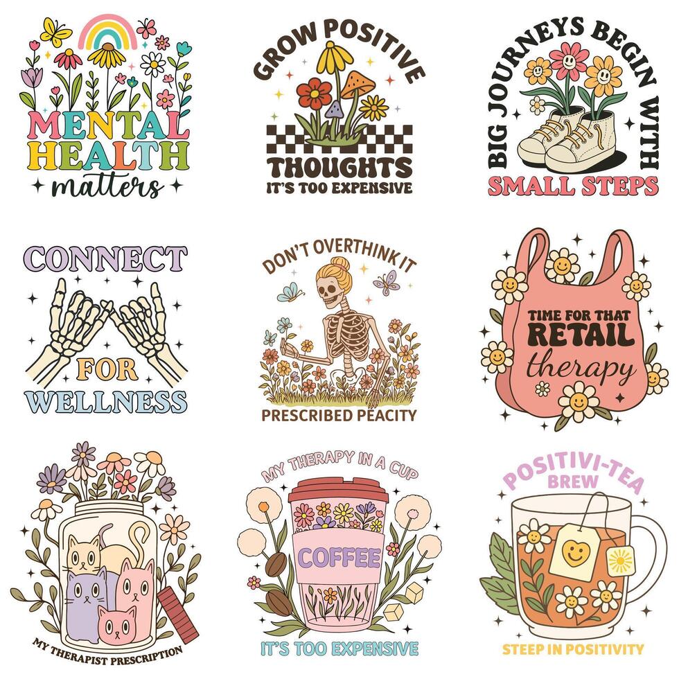 Colorful mental health wellness illustrations vector