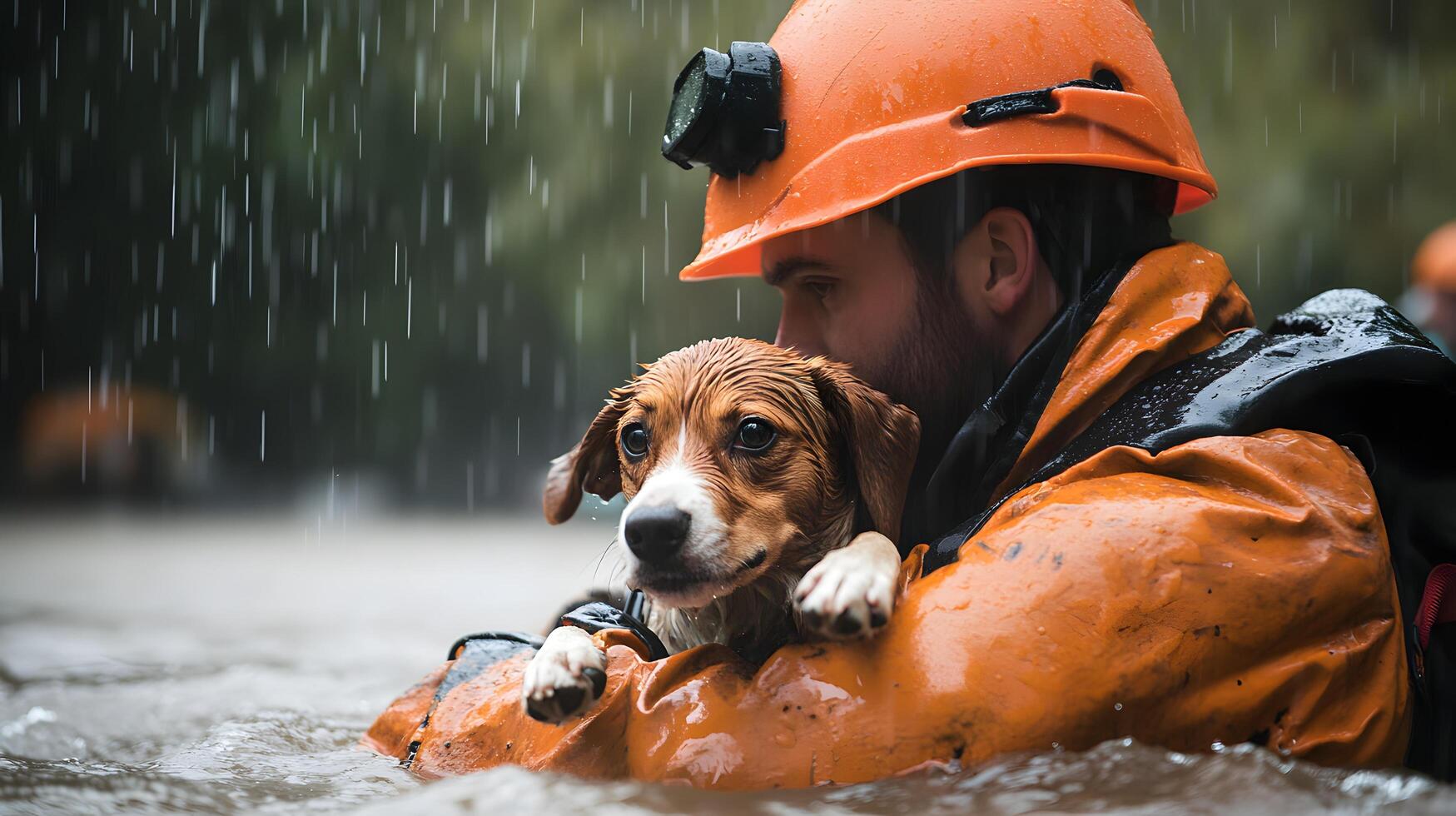 A rescuer in orange holds a wet dog du a flood, showcasing bravery and compassion in a disaster zone. photo