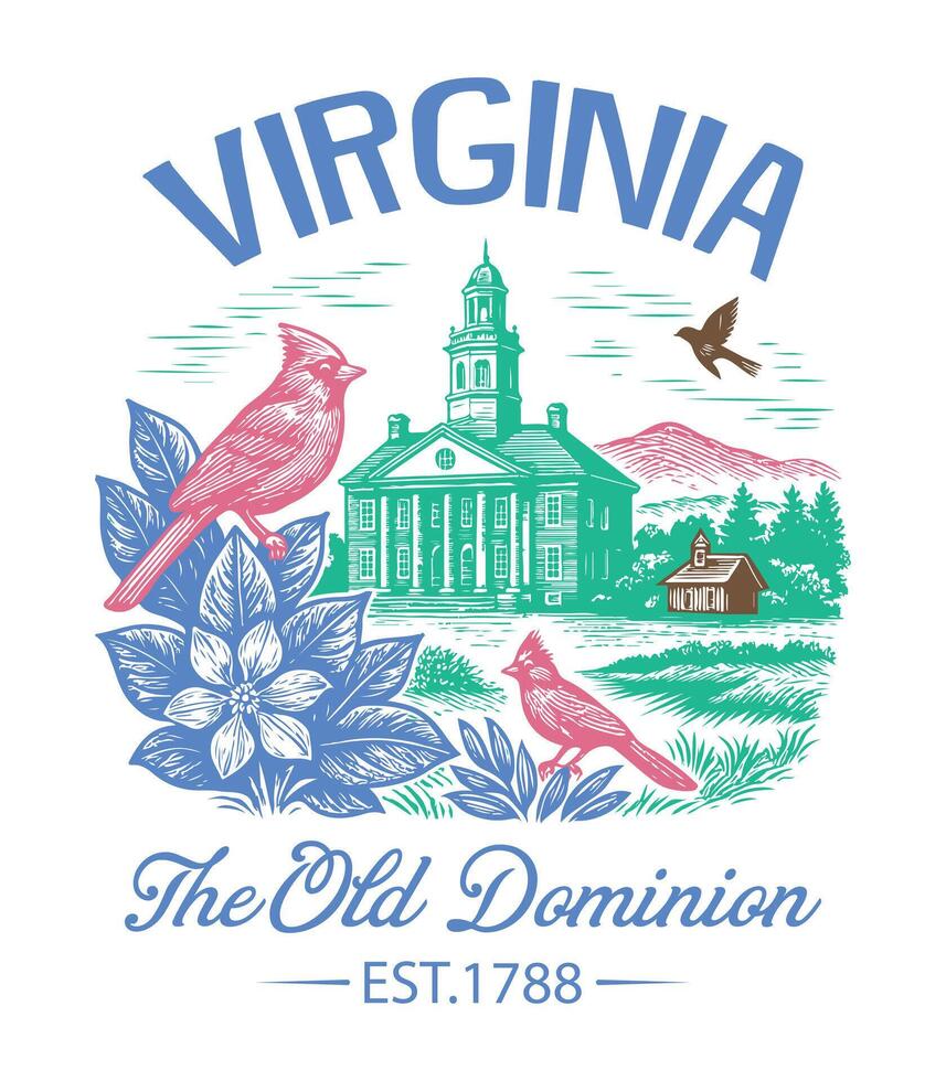 Virginia The Old Dominion - Virginia Us States T-shirt , American State Cityscape Illustration, Vintage Retro State Cityscape Shirt, States Landmark sayings, USA City Skyline Clipart vector
