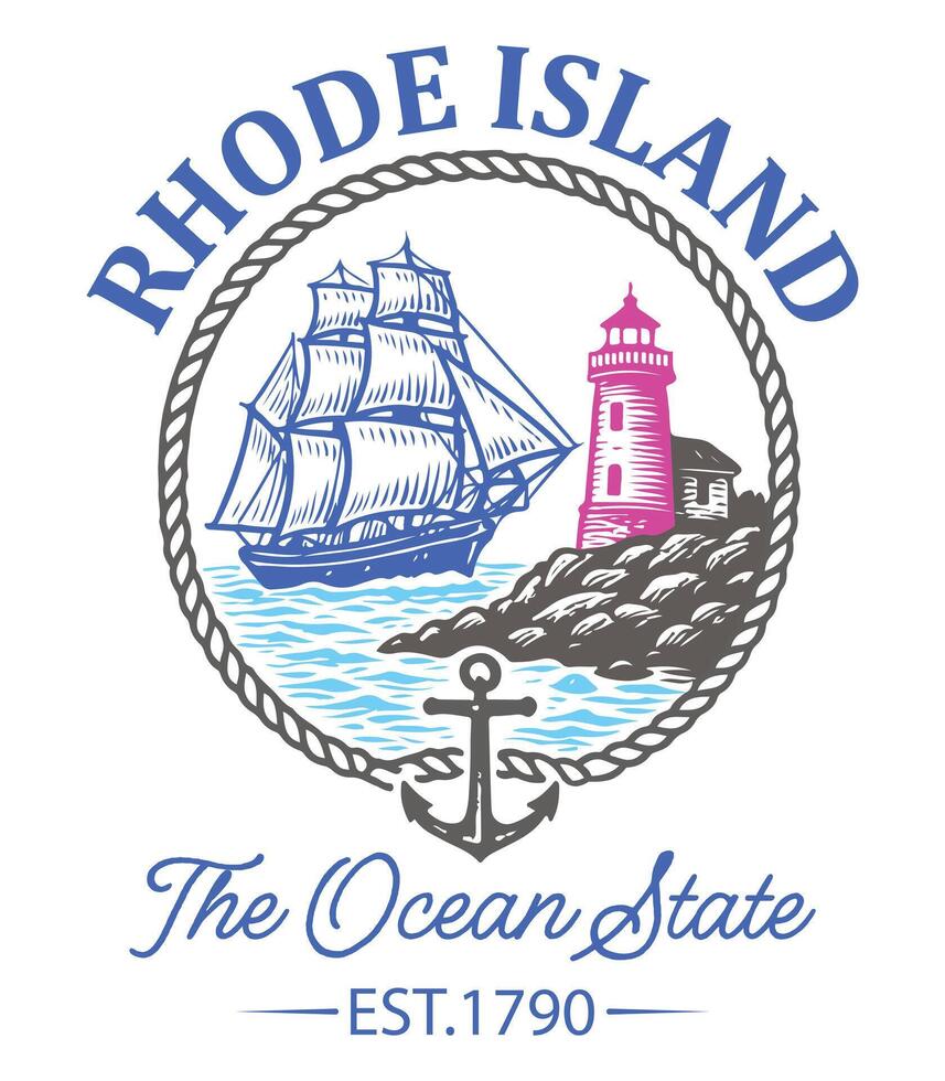 Rhode Island The Ocean State - Rhode Us States T-shirt , American State Cityscape Illustration, Vintage Retro State Cityscape Shirt, States Landmark sayings, USA City Skyline Clipart vector