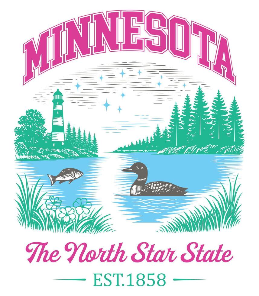 Minnesota The North Star State - Minnesota Us States T-shirt , American State Cityscape Illustration, Vintage Retro State Cityscape Shirt, States Landmark sayings, USA City Skyline Clipart vector