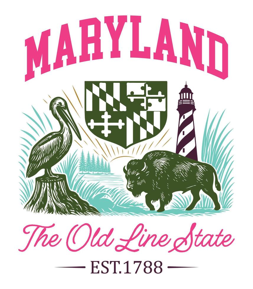 Maryland The Old Line State - Maryland Us States T-shirt , American State Cityscape Illustration, Vintage Retro State Cityscape Shirt, States Landmark sayings, USA City Skyline Clipart vector