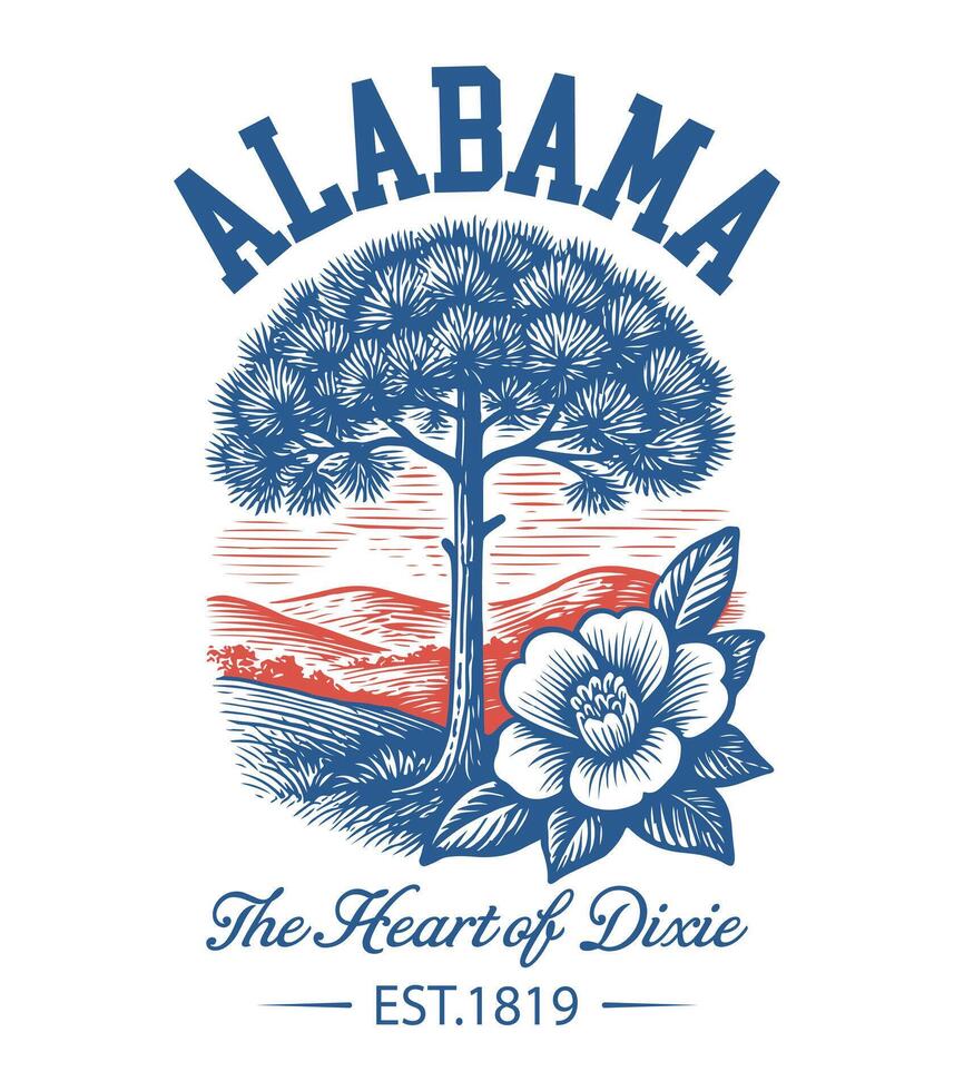 Alabama The Heart of Dixie - Alabama Us States T-shirt , American State Cityscape Illustration, Vintage Retro State Cityscape Shirt, States Landmark sayings, USA City Skyline Clipart vector