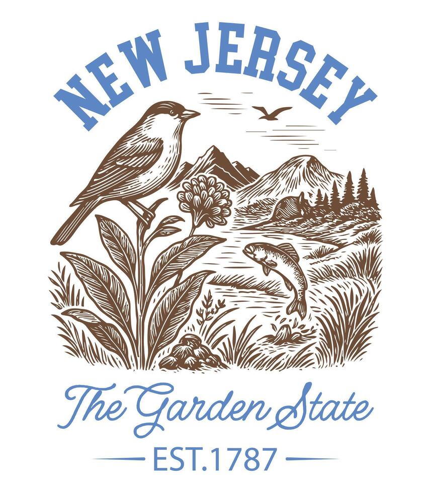 New Jersey The Garden State - New Jersey Us States T-shirt , American State Cityscape Illustration, Vintage Retro State Cityscape Shirt, States Landmark sayings, USA City Skyline Clipart vector