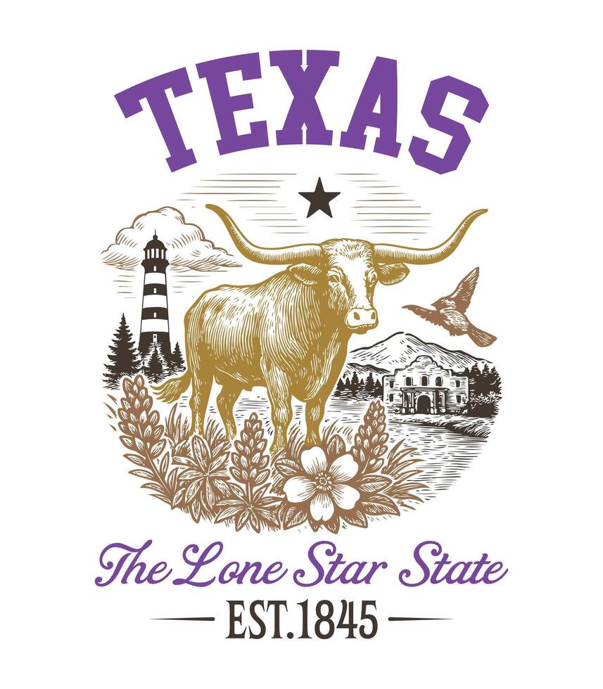 Texas The Lone Star State - US States Cityscape T-shirt , american state cityscape icons design, Vintage State Cityscape Shirt illustration, States Sayings vector