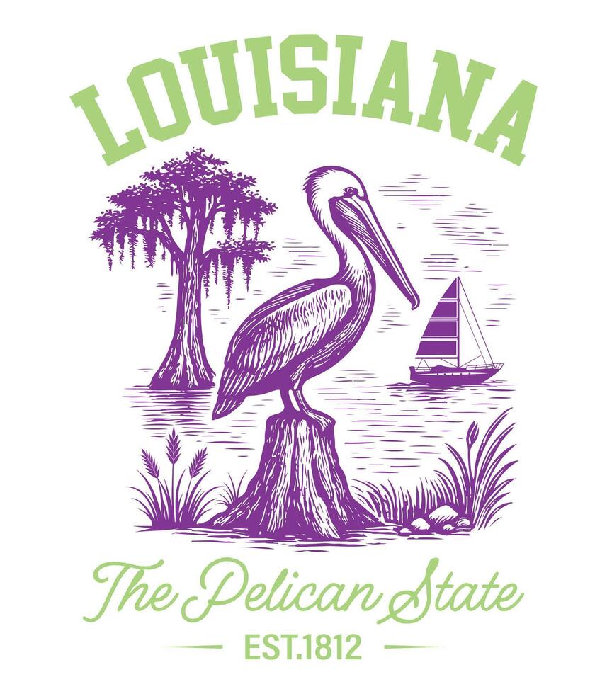 Louisiana The Pelican State - Louisiana Us States T-shirt , American State Cityscape Illustration, Vintage Retro State Cityscape Shirt, States Landmark sayings, USA City Skyline Clipart vector