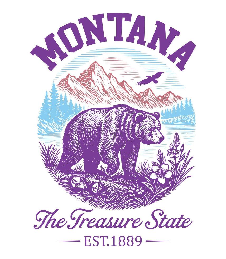 Montana The Treasure State - US States Cityscape T-shirt , american state cityscape icons design, Vintage State Cityscape Shirt illustration, States Sayings vector