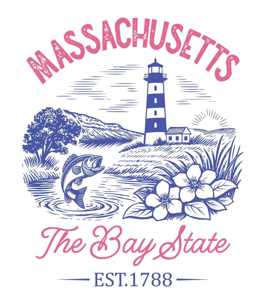 Massachusetts The Bay State - Massachusetts Us States T-shirt , American State Cityscape Illustration, Vintage Retro State Cityscape Shirt, States Landmark sayings, USA City Skyline Clipart vector