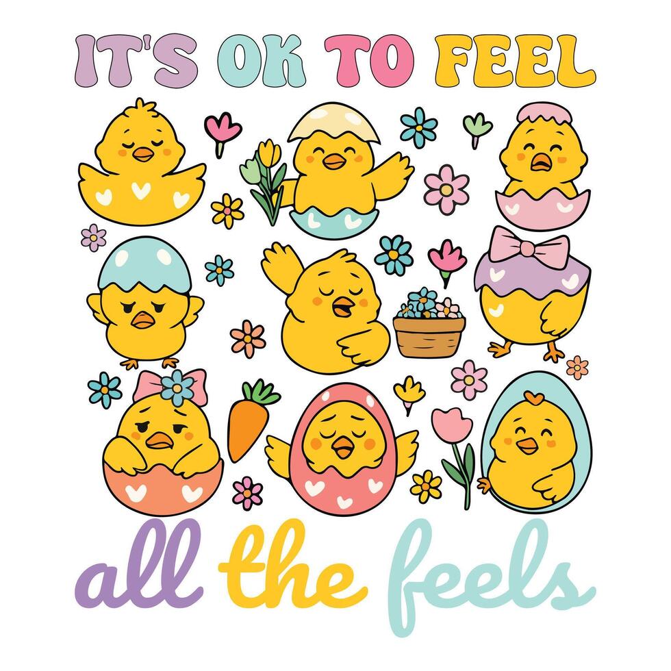 Chicks expressing emotions with colorful designs. vector