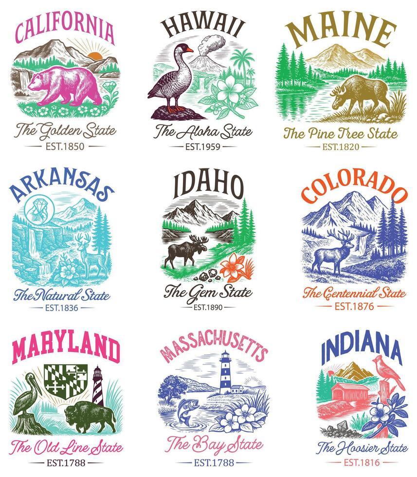 Set of Us States T-shirt , American State Cityscape Illustration, Vintage Retro State Cityscape Shirt, States Landmark sayings, USA City Skyline Clipart vector