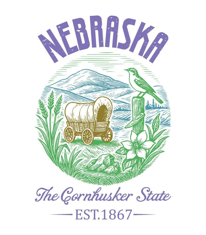 Nebraska The Cornhusker State - US States Cityscape T-shirt , american state cityscape icons design, Vintage State Cityscape Shirt illustration, States Sayings vector