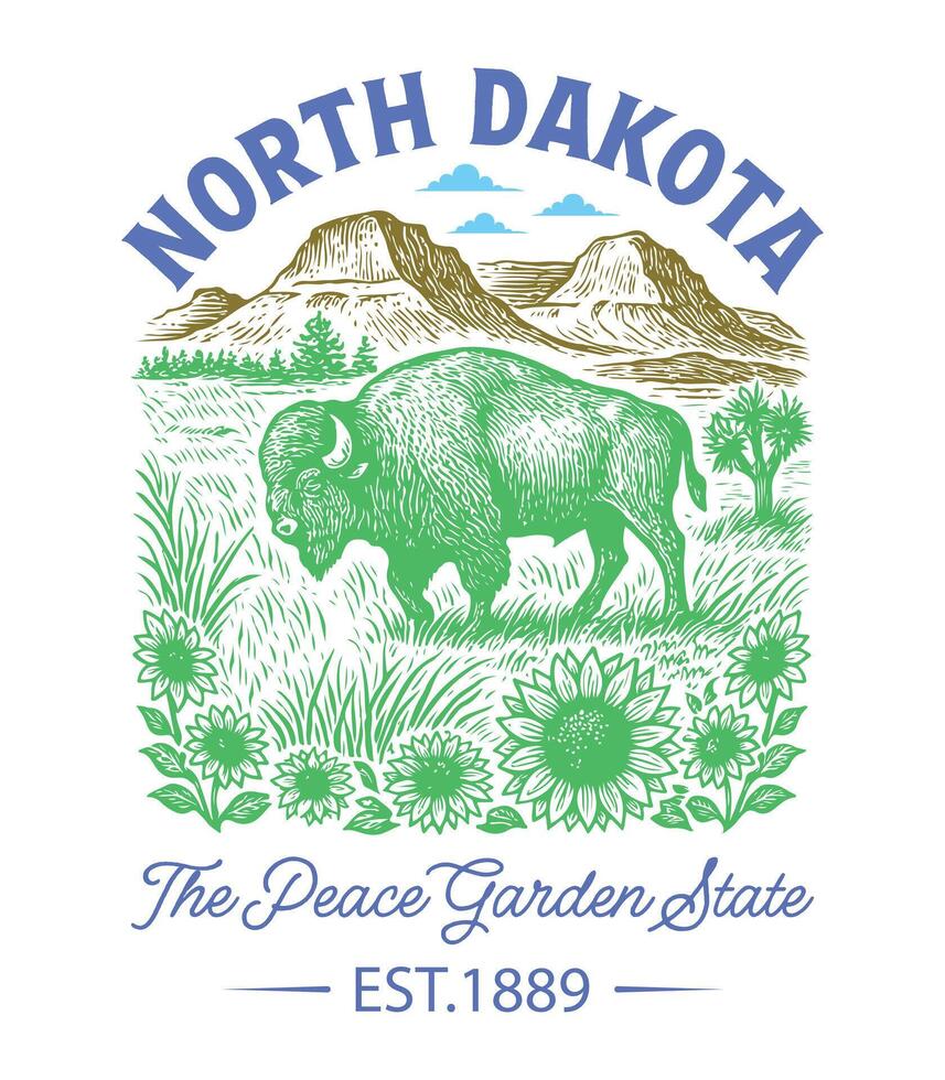 North Dakota The Peace Garden State - Dakota Us States T-shirt , American State Cityscape Illustration, Vintage Retro State Cityscape Shirt, States Landmark sayings, USA City Skyline Clipart vector