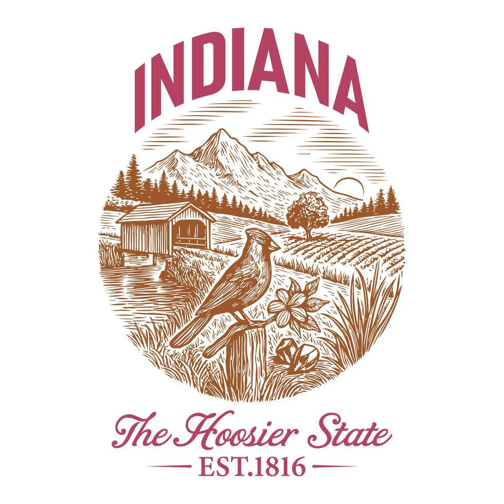 Indiana The Hoosier State - US States Cityscape T-shirt , american state cityscape icons design, Vintage State Cityscape Shirt illustration, States Sayings vector