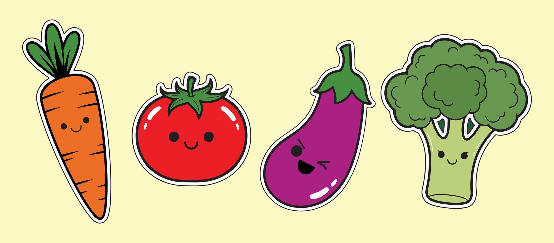 Cute Cartoon vegetable characters set. Kawaii faces of carrot, broccoli, tomato, brinjal for kids vegie food illustration collection vector