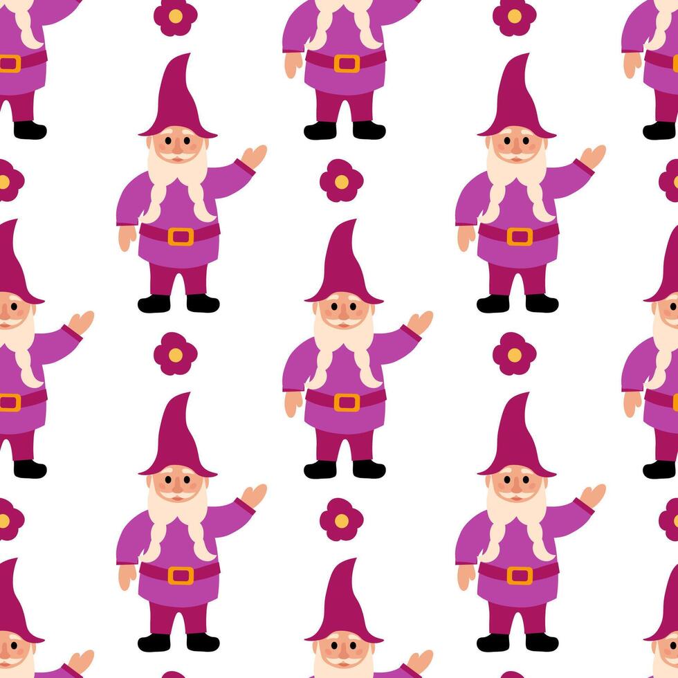 Seamless Pattern. Purple Garden Gnome with flower. flat illustration. vector